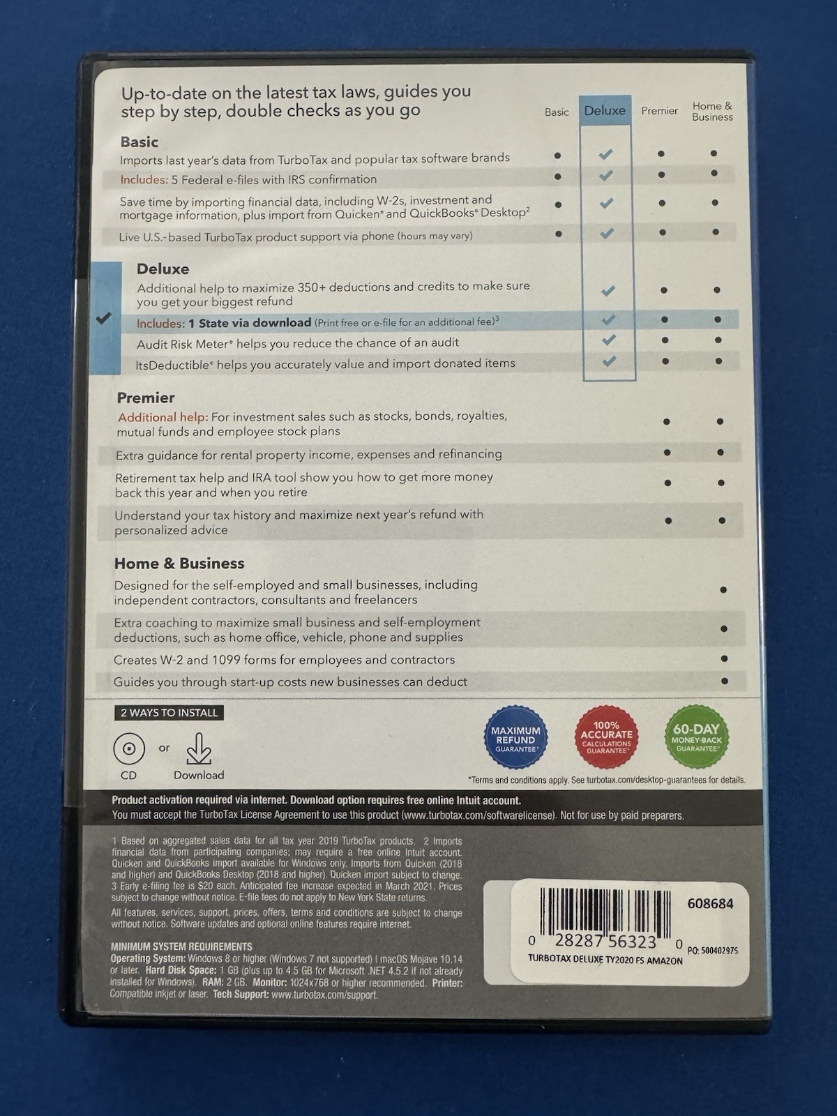 Intuit TurboTax Deluxe 2020 Tax Prep CD for Windows 8+ & Mac OS X 10.14+, 1 PC