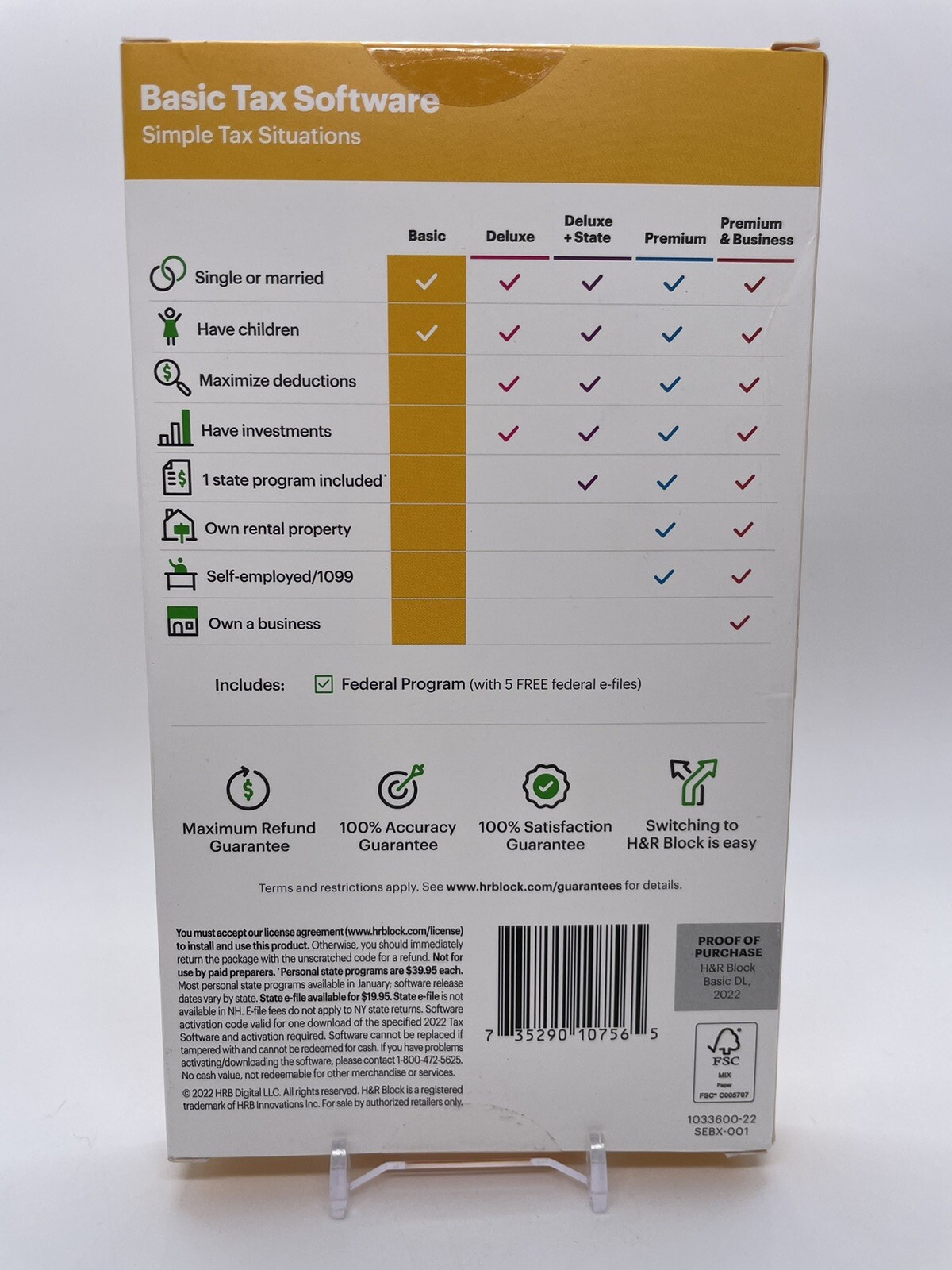 H&R Block Tax Software Basic 2022 E-File Only Key Card Box / Free Shipping NEW!