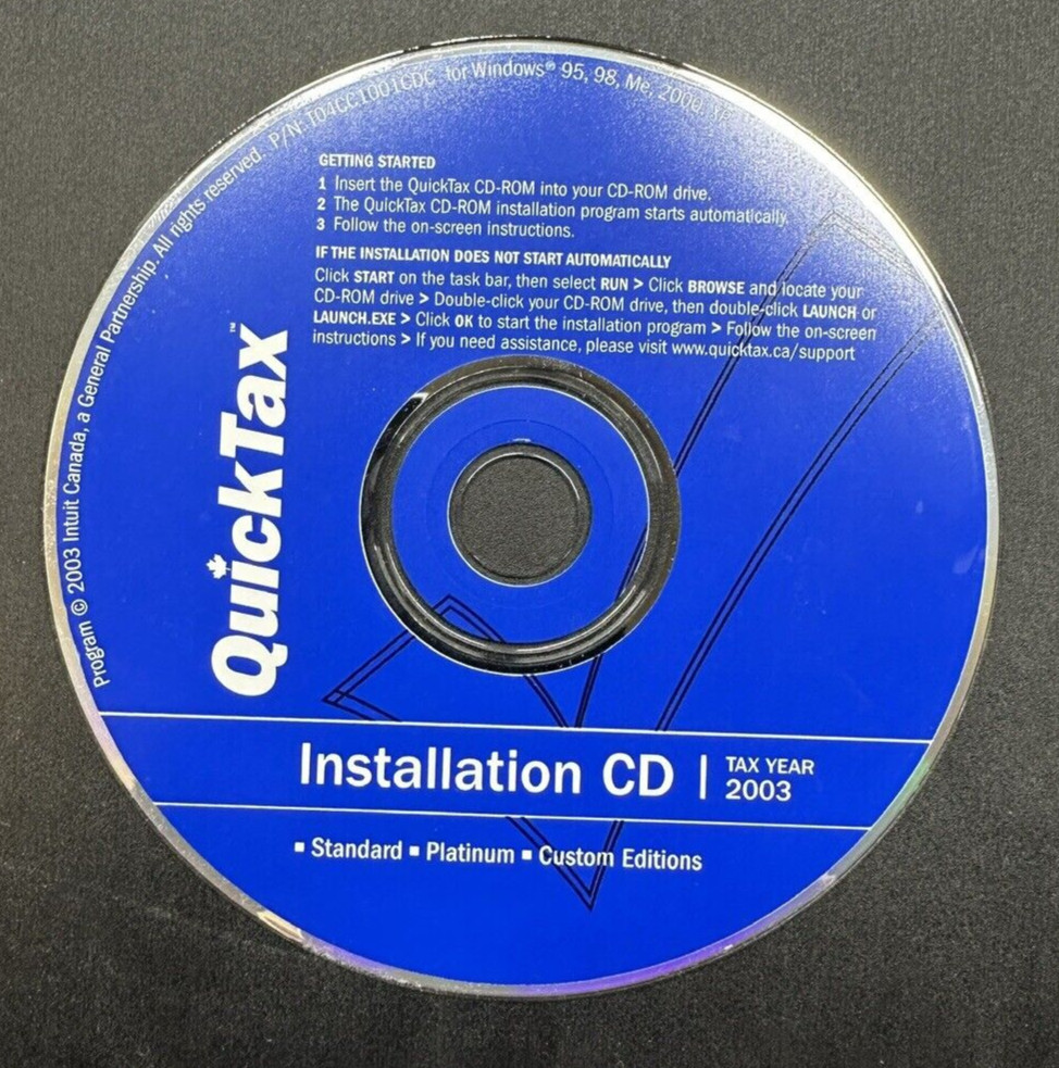 Intuit QuickTax 2003 – Installation CD Vintage Software Standard / Platinum CDA