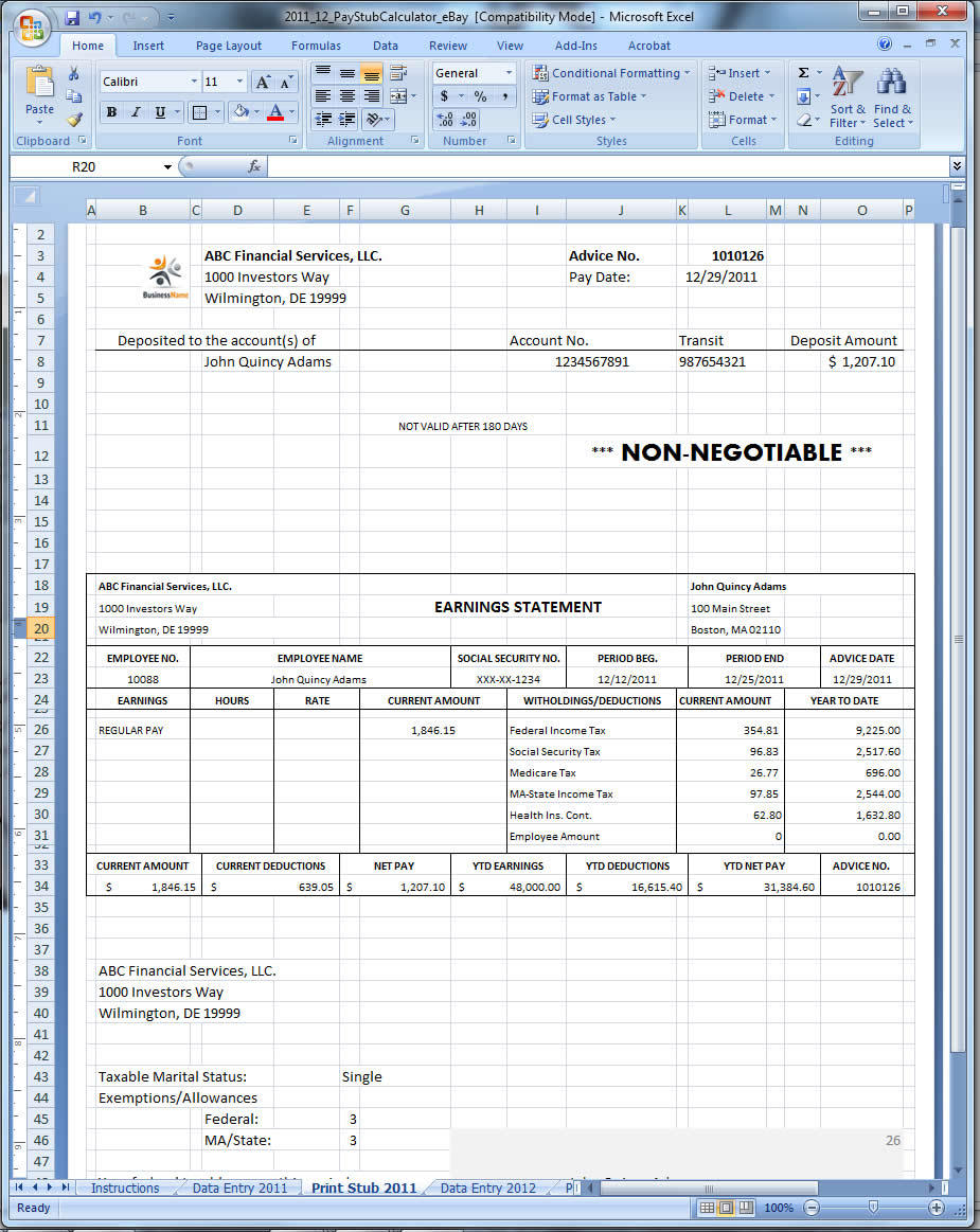 Excel Pay Stub Generator Calculator and Printer – Easy Custom Template