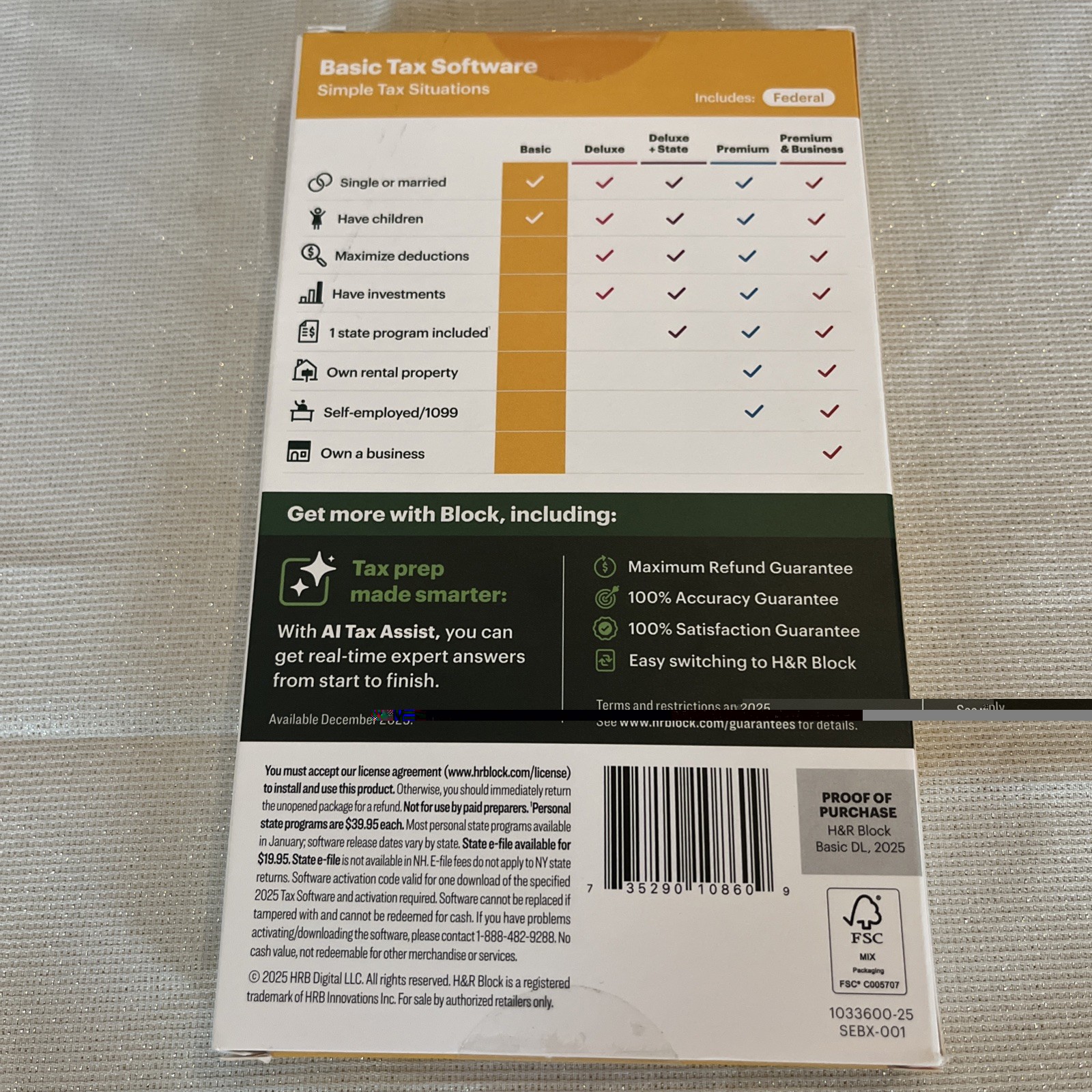 H&R Block Tax Software Basic 2025 PC/Mac [Key Card] NEW