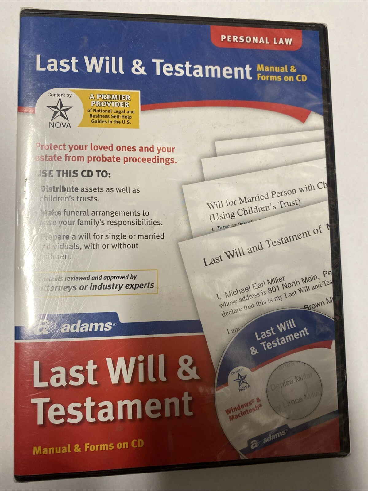 Adams Last Will & Testament Manual & Forms on CD Personal Law New Sealed