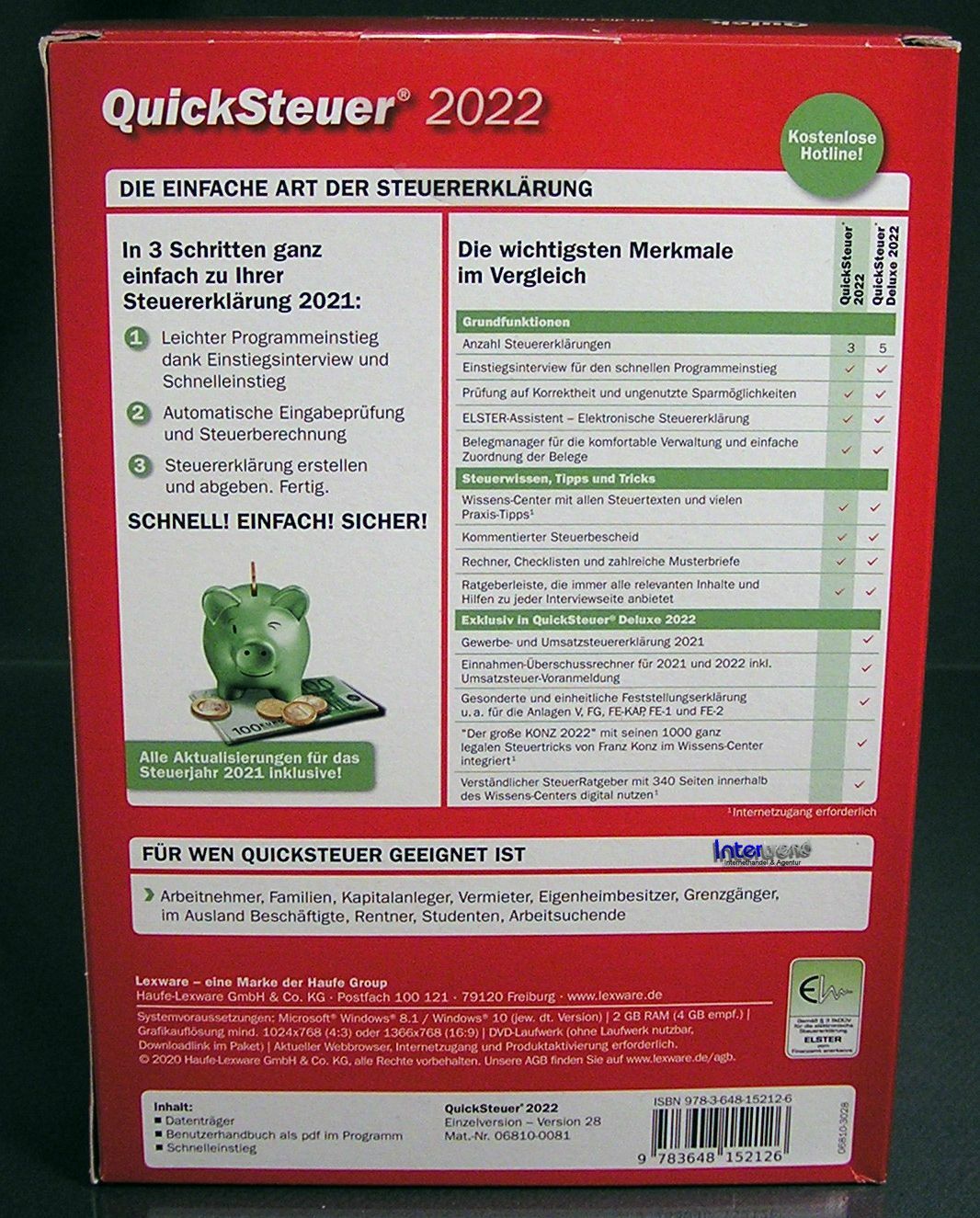 Lexware QuickSteuer 2022 Vollversion Box, CD, Handbuch (PDF) Steuerjahr 2021 NEU