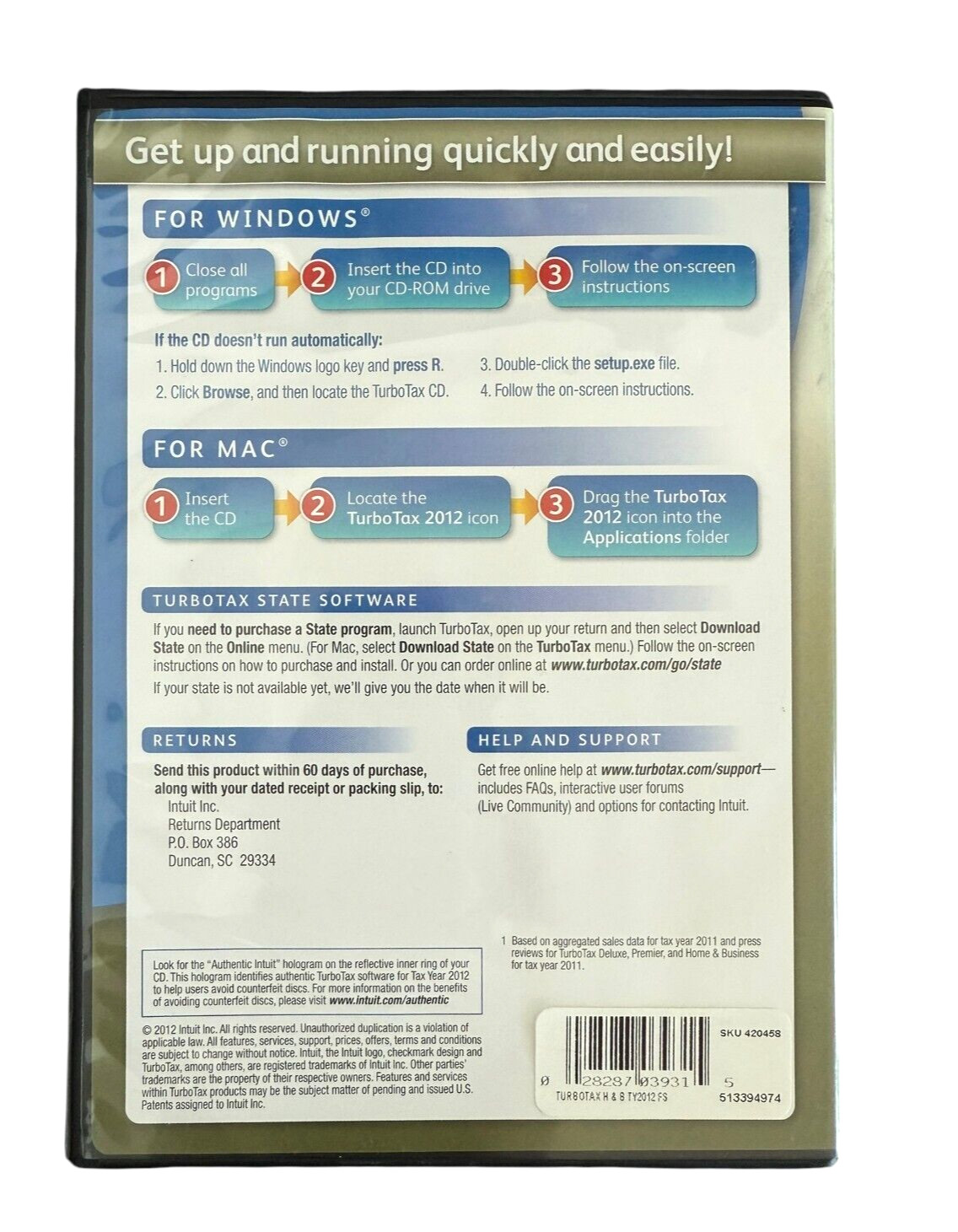 TurboTax Home & Business 2012 Federal+State+Federal E-File for Windows & Mac