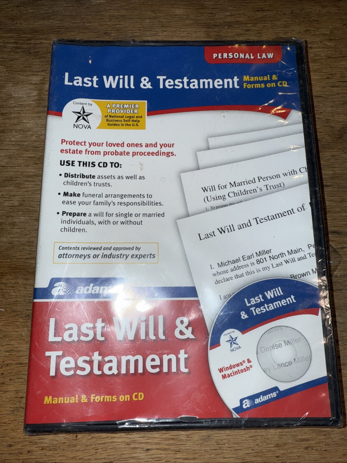 Adams Last Will & Testament Manual & Forms on CD Personal Law New Sealed