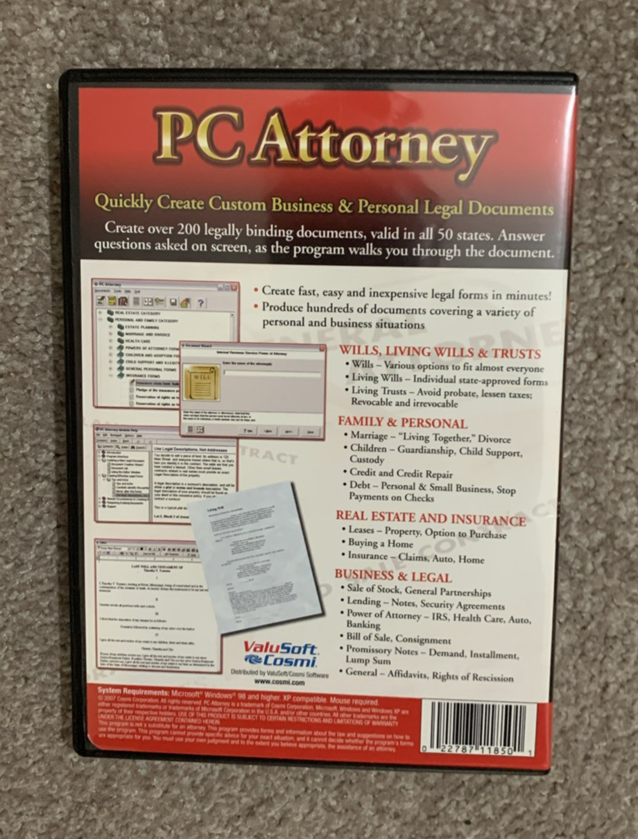 PC ATTORNEY – CREATE OVER 200 LEGAL DOCUMENTS PC CD-ROM SOFTWARE, WIN XP on up