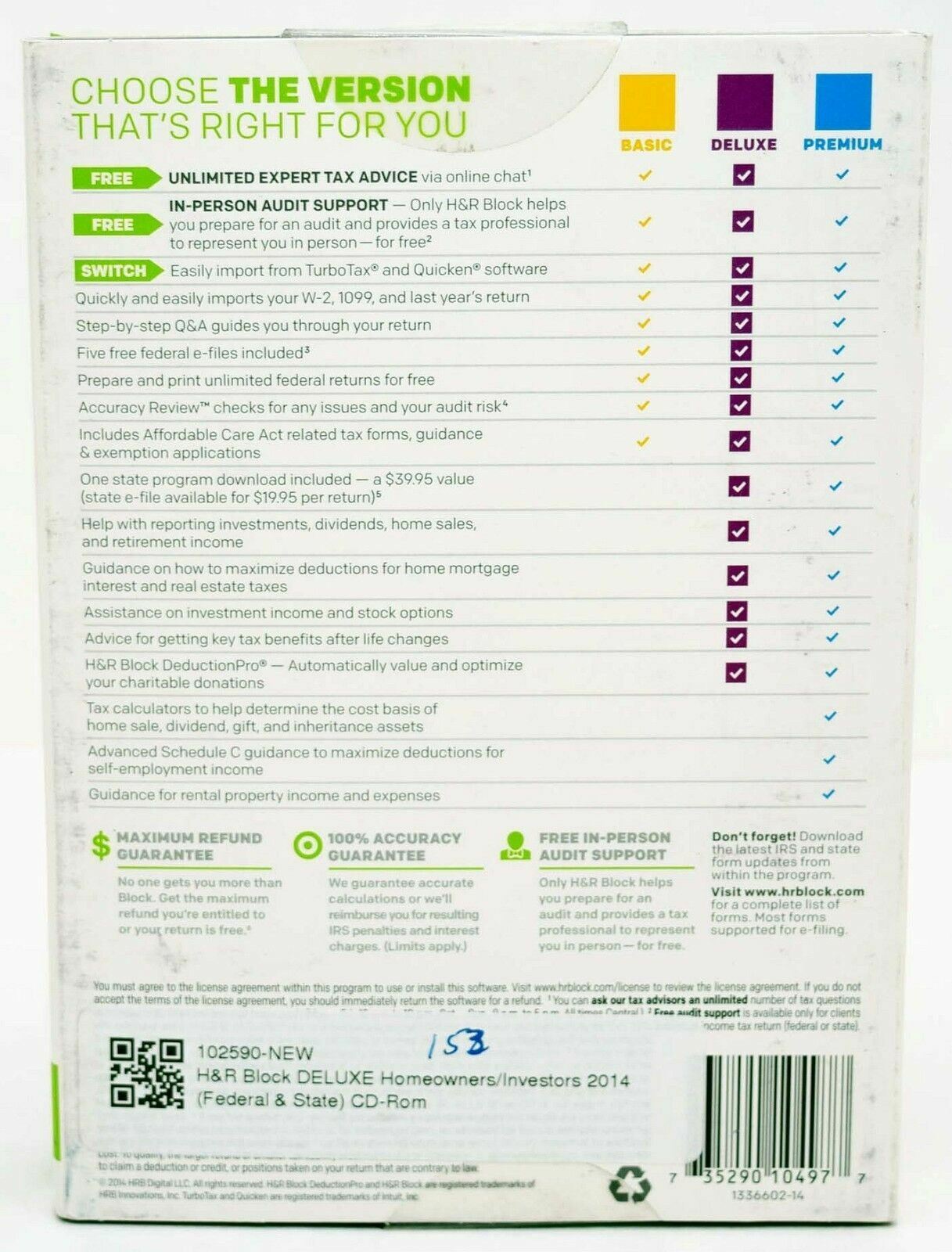 SEALED NEW H&R Block 2014 DELUXE Taxes Homeowner/Investor Federal+State tax CD