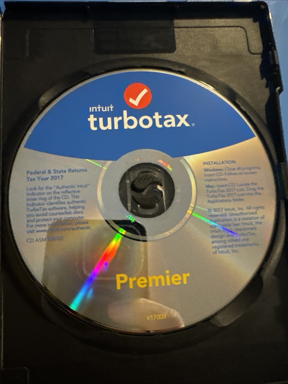 2017 Intuit TurboTax Premier Investments Personal Tax CD Windows & Mac Very Good