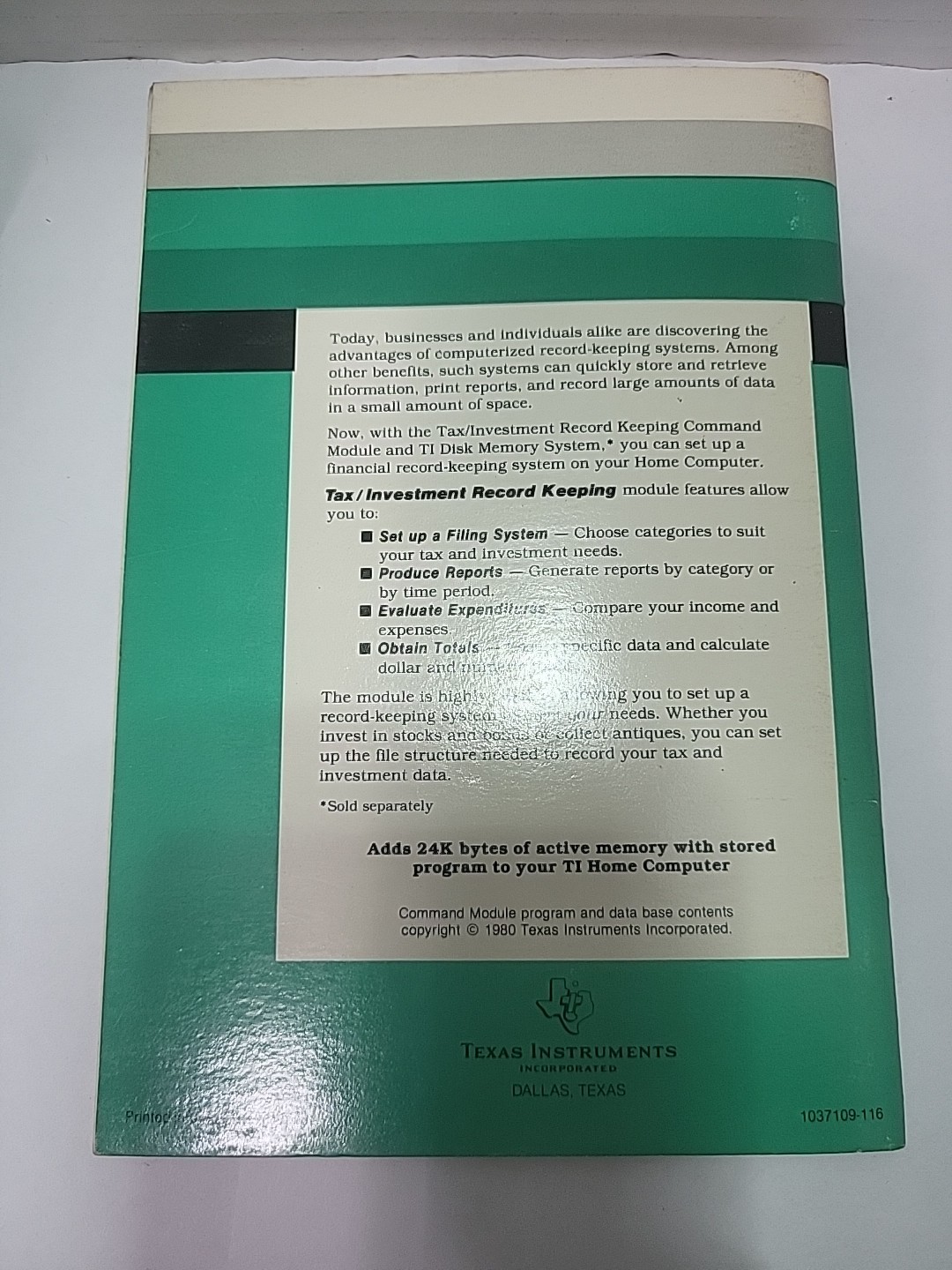 Tax/Investment Record Keeping black cartridge Texas Instruments TI994A . C 1980