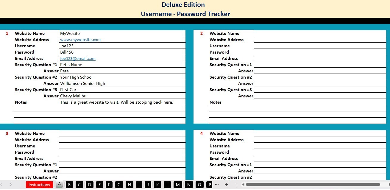 Excel Username-Password Tracker Spreadsheet. for PC or Android +Free CB Register