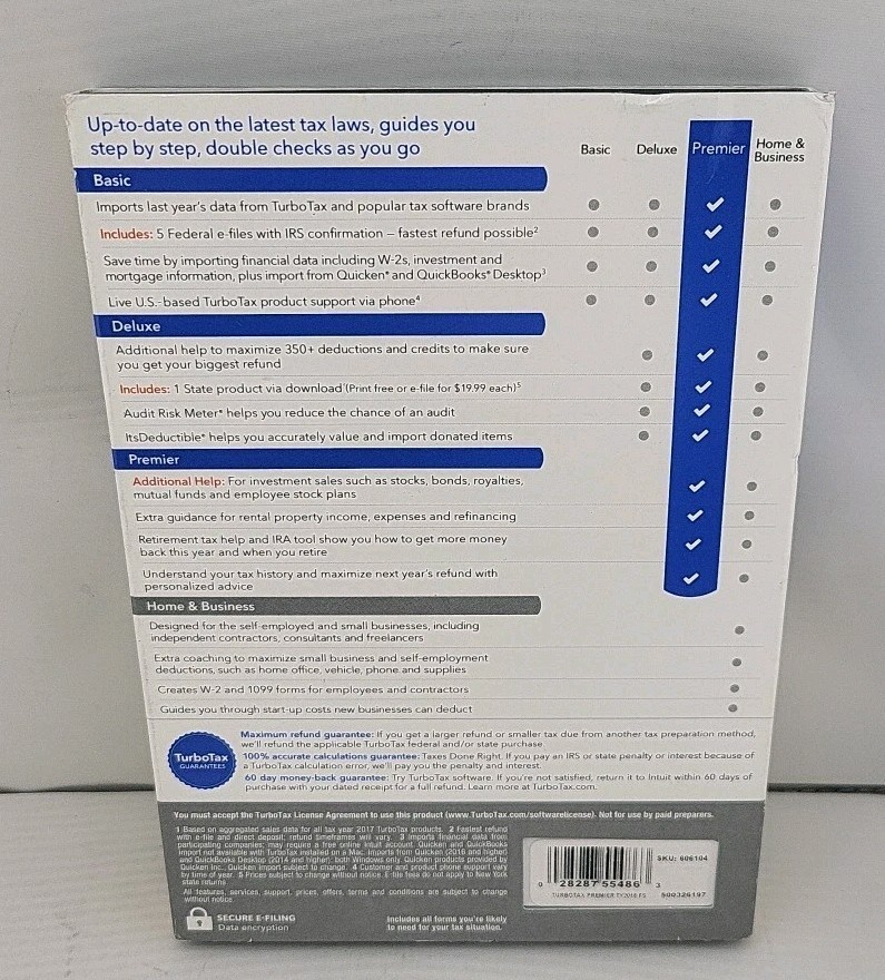 Intuit Turbotax Premier Federal + State 2018 Disc CD