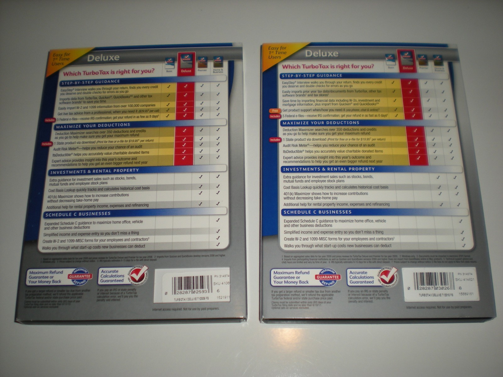 Turbotax 2009 and 2010 Deluxe. Both include state. Sealed new boxes. Genuine.