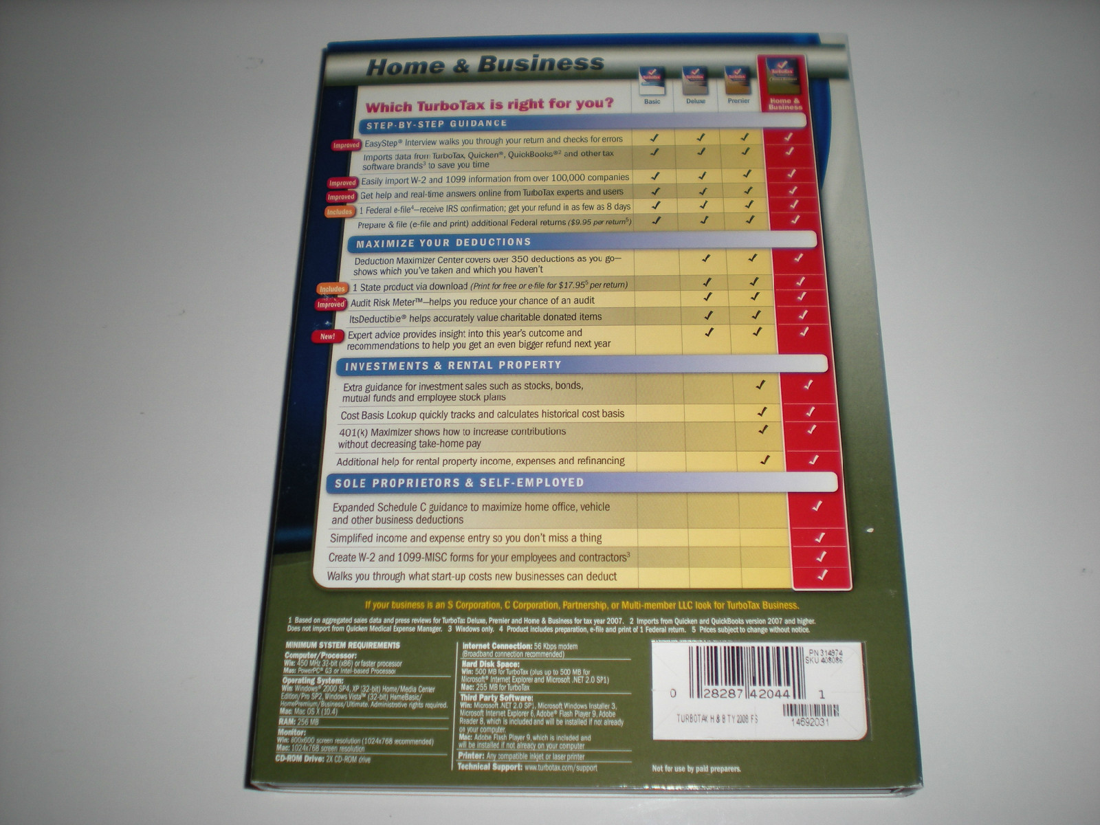 Turbotax 2008 Home & Business with state. (State support discontinued). New box.