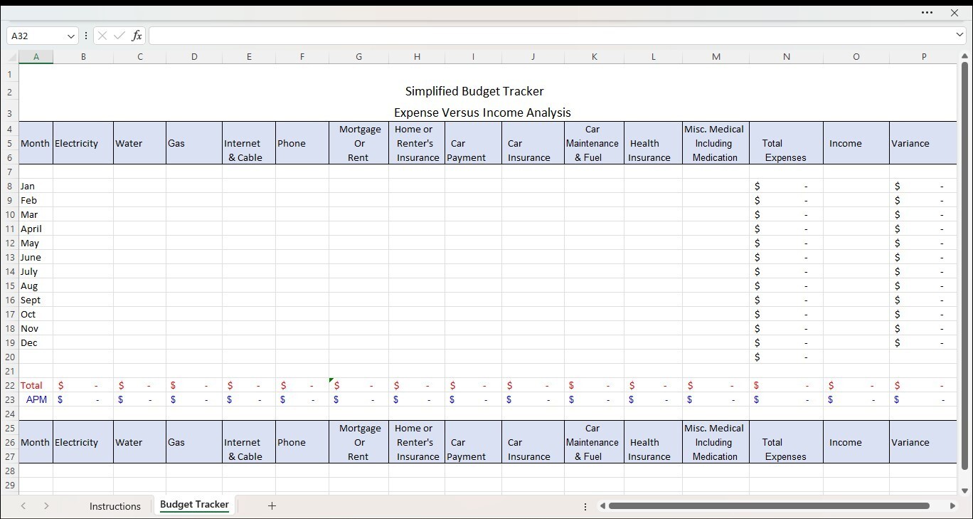 Simplified Budget Tracker Excel Spreadsheets, Template for PC or Android
