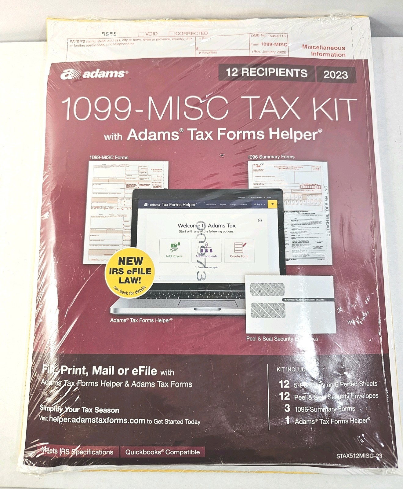 SEALED 2023 ADAMS 1099-MISC TAX KIT FORMS 5-PT 12 RECIPIENTS w/ENVLOPES STAX512