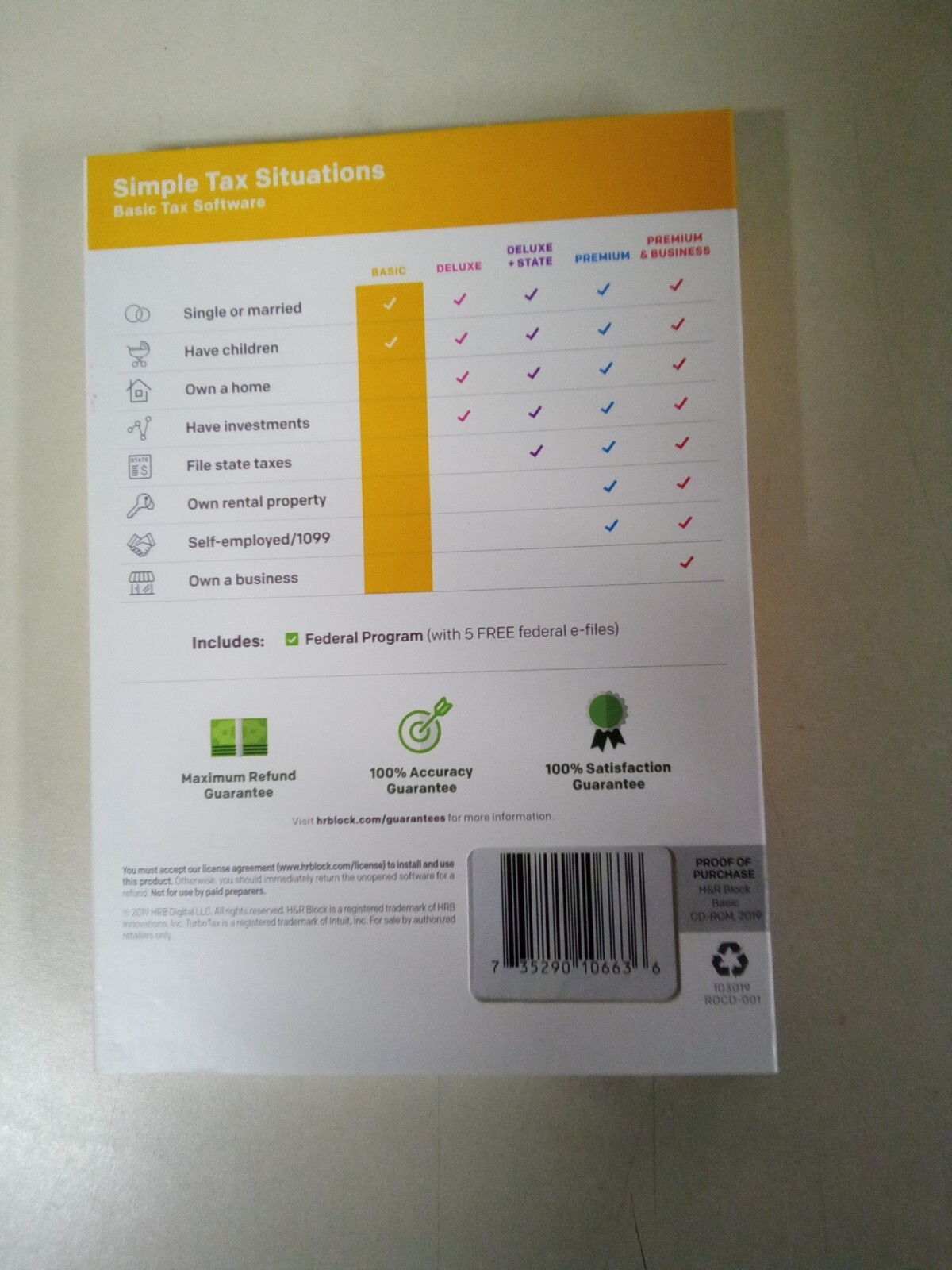 H&R Block Basic Tax Software Mac Windows 2019 – RETAIL PACKAGING. CD and digital