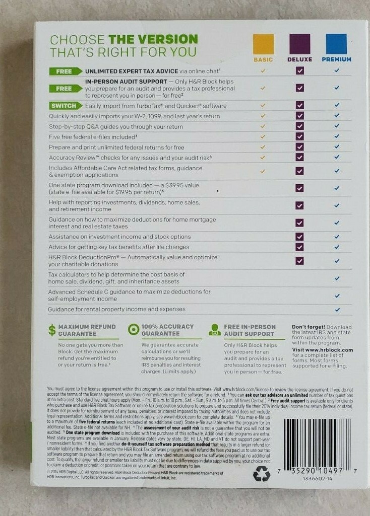 2014 Tax Software H&R Block Federal & State Deluxe Investors Homeowners