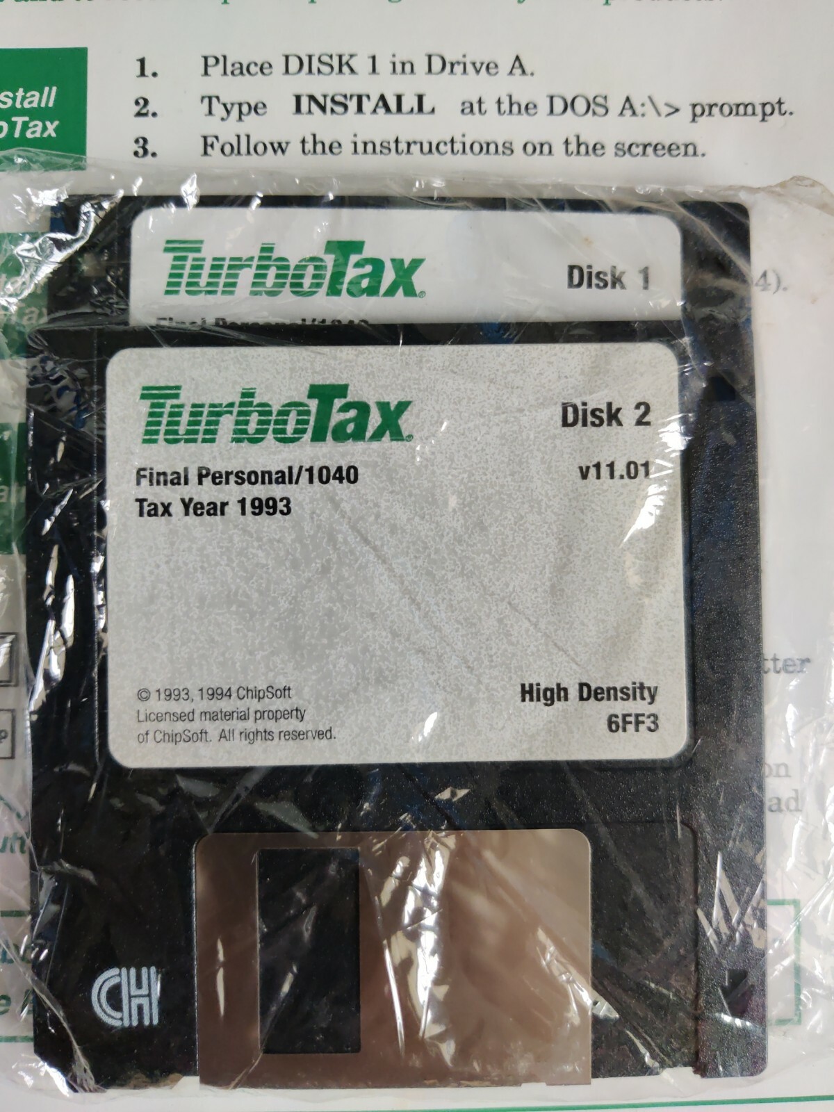 ChipSoft TurboTax for Tax Year 1993 w/ Manual – 2×3.5″ Floppy Disks – Never Used