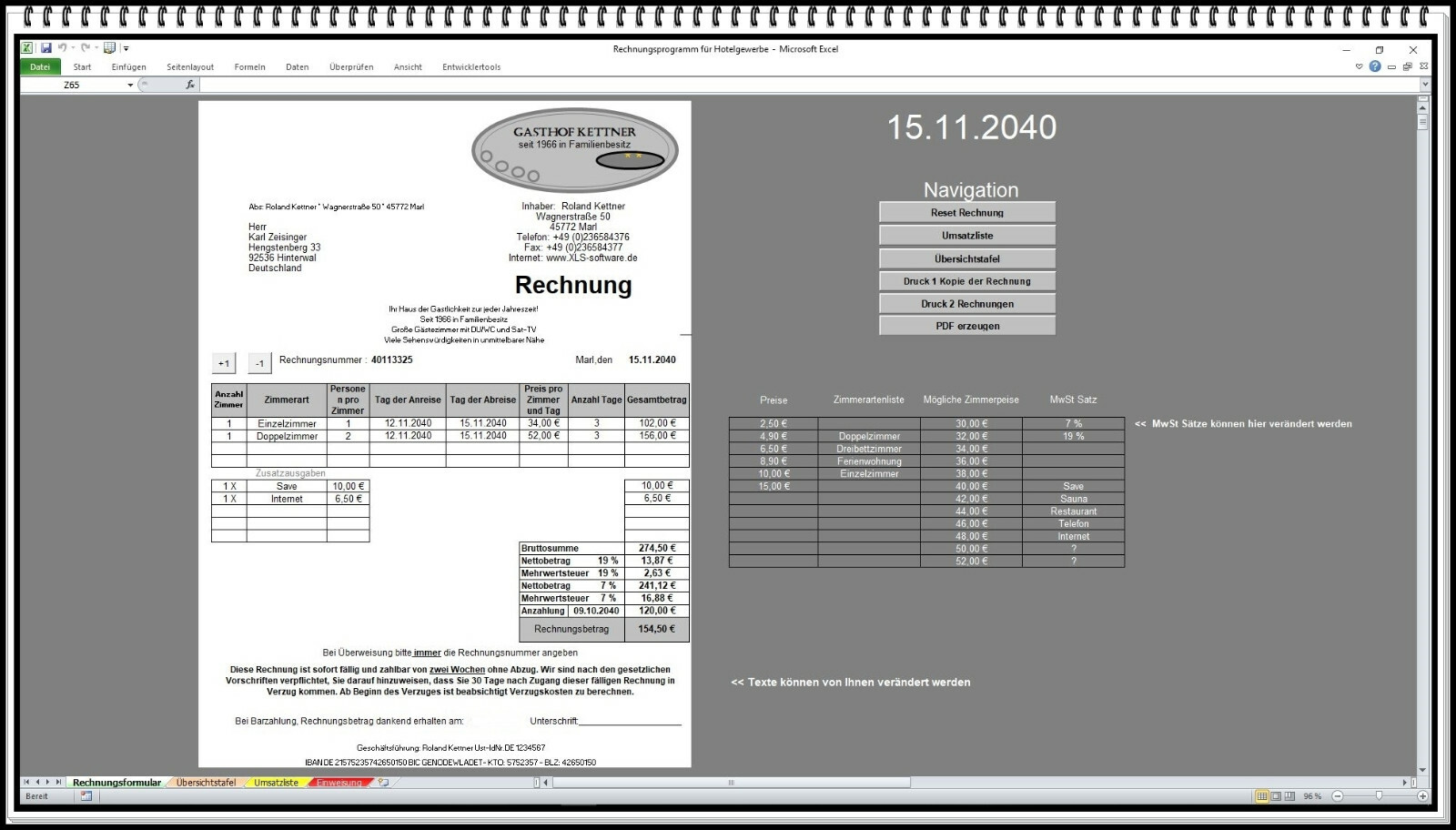 Rechnungsprogramm Hotelfach Hotel Motel Fehrienwohnung FeWo Ferienhaus Excel