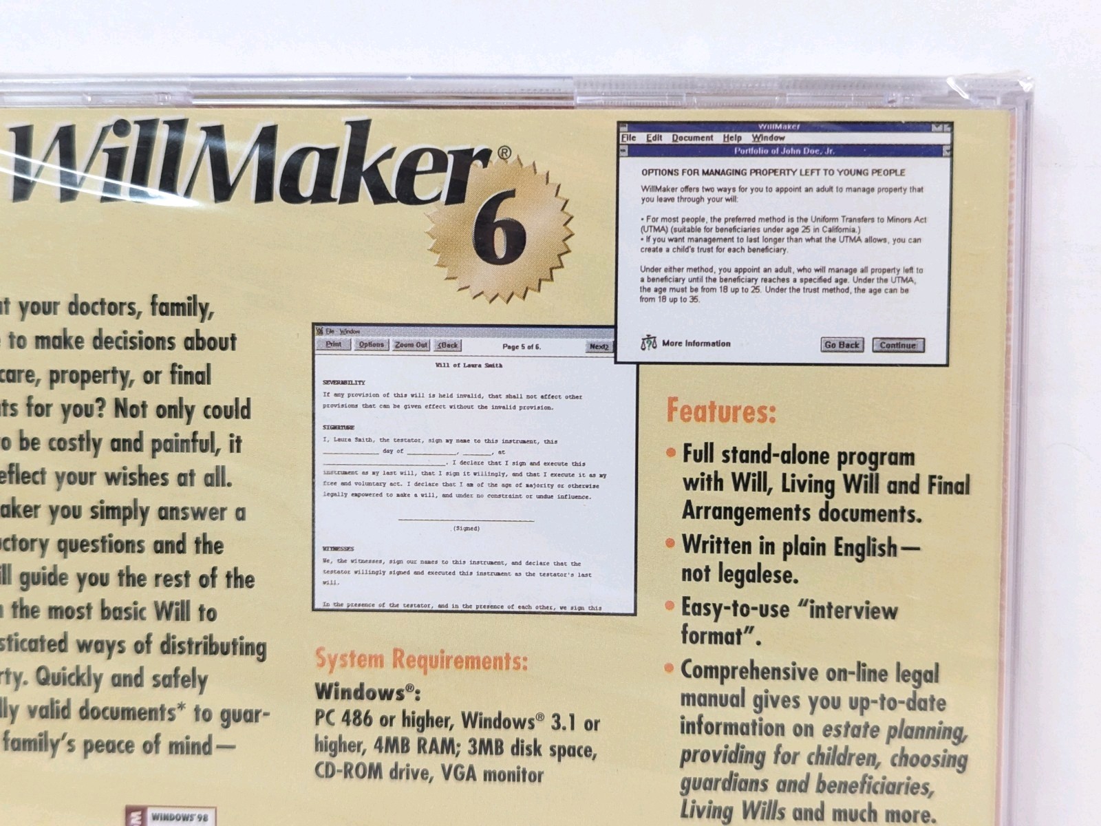Willmaker 6 CD Legal Will Living Will Final Arrangements Win 3.1/95/98 1998 New
