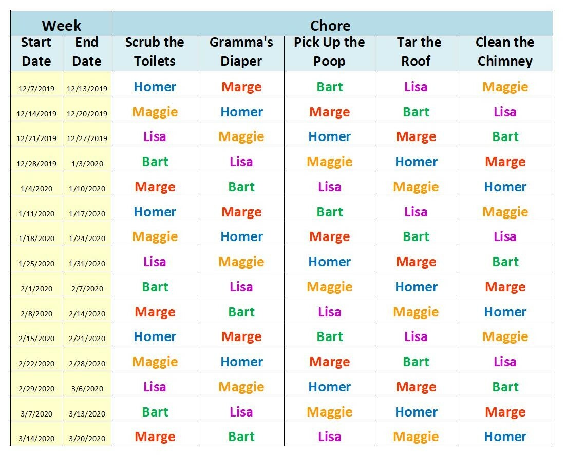 Weekly Chore Chart Excel Template