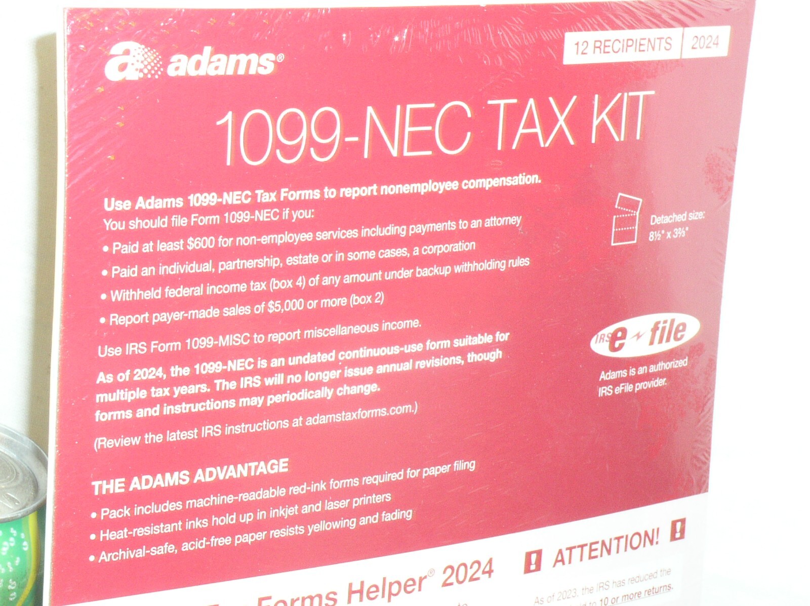 SEALED 2024 ADAMS 1099-NEC TAX KIT FORMS 4-PART 12 RECIPIENTS+SUMMERY+HELPER