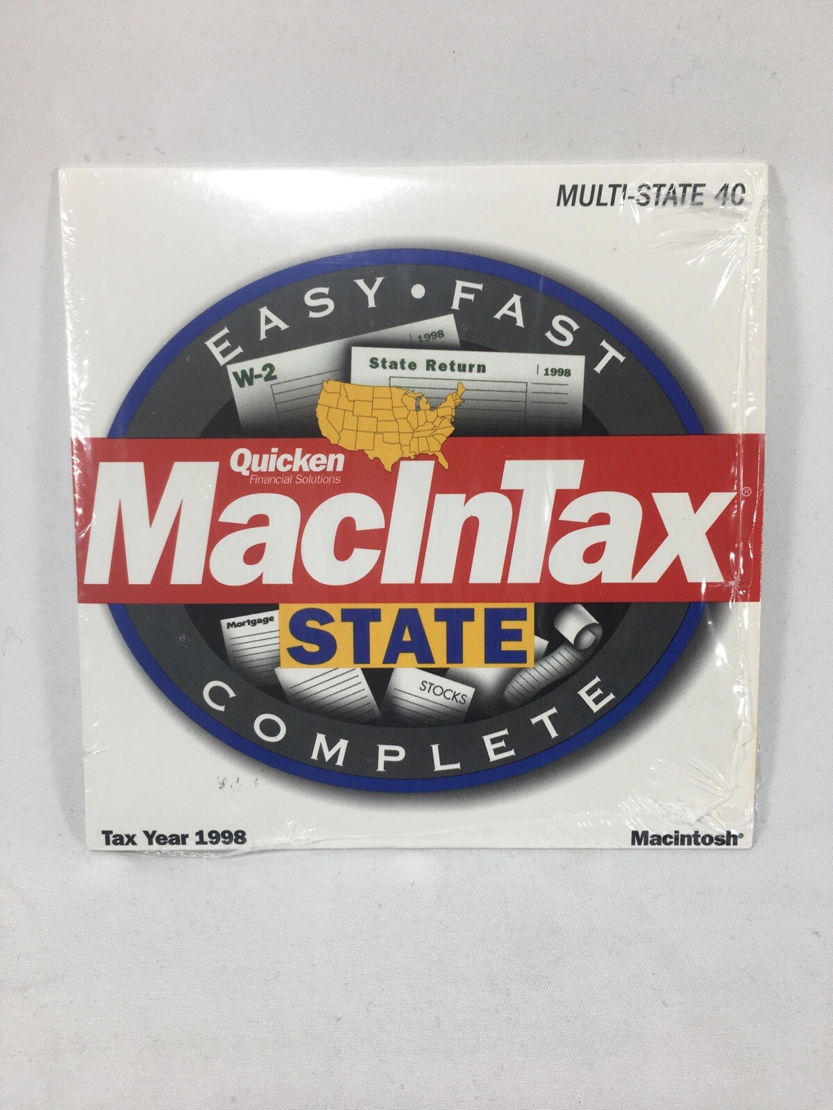 Used 1998 Quicken MacInTax State in orig sleeve. Complete Multi-State 40 CD disc