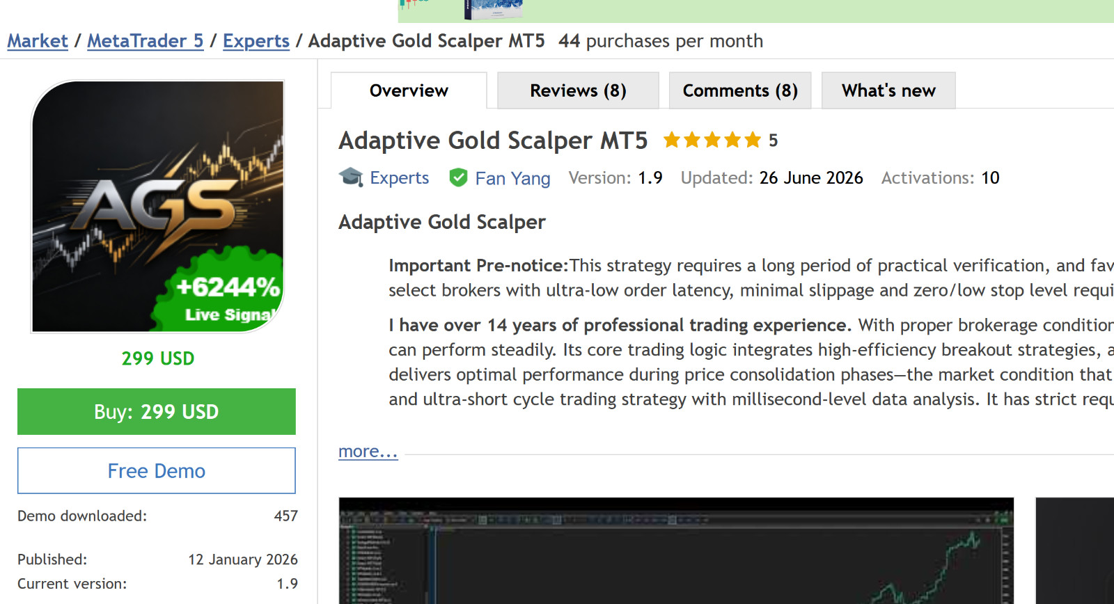 v1.9 Adaptive Gold Scalper MT5 EA Metatrader MQL5 Gold Bot Trading Robot