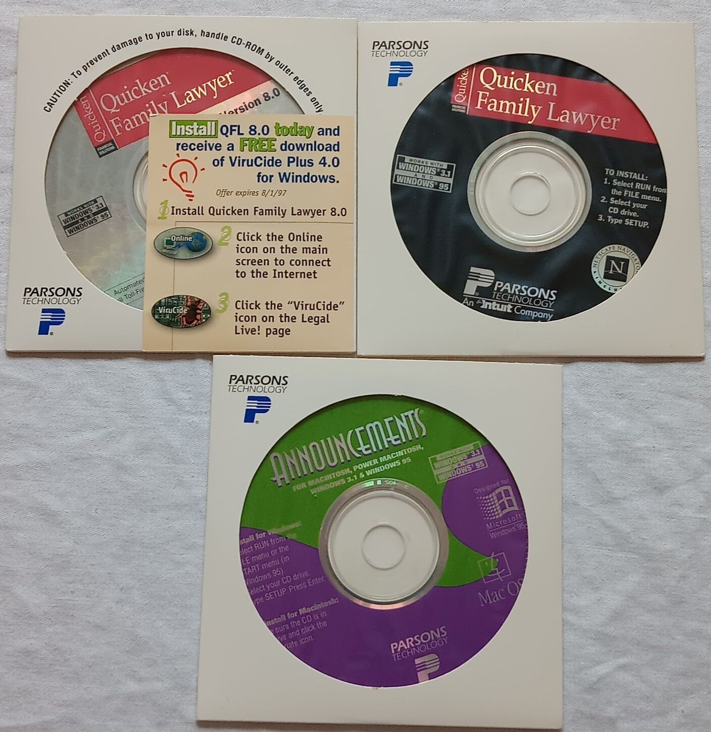 Parsons Technology LOT Quicken Family Lawyer & Announcements CD-ROM Windows 1995