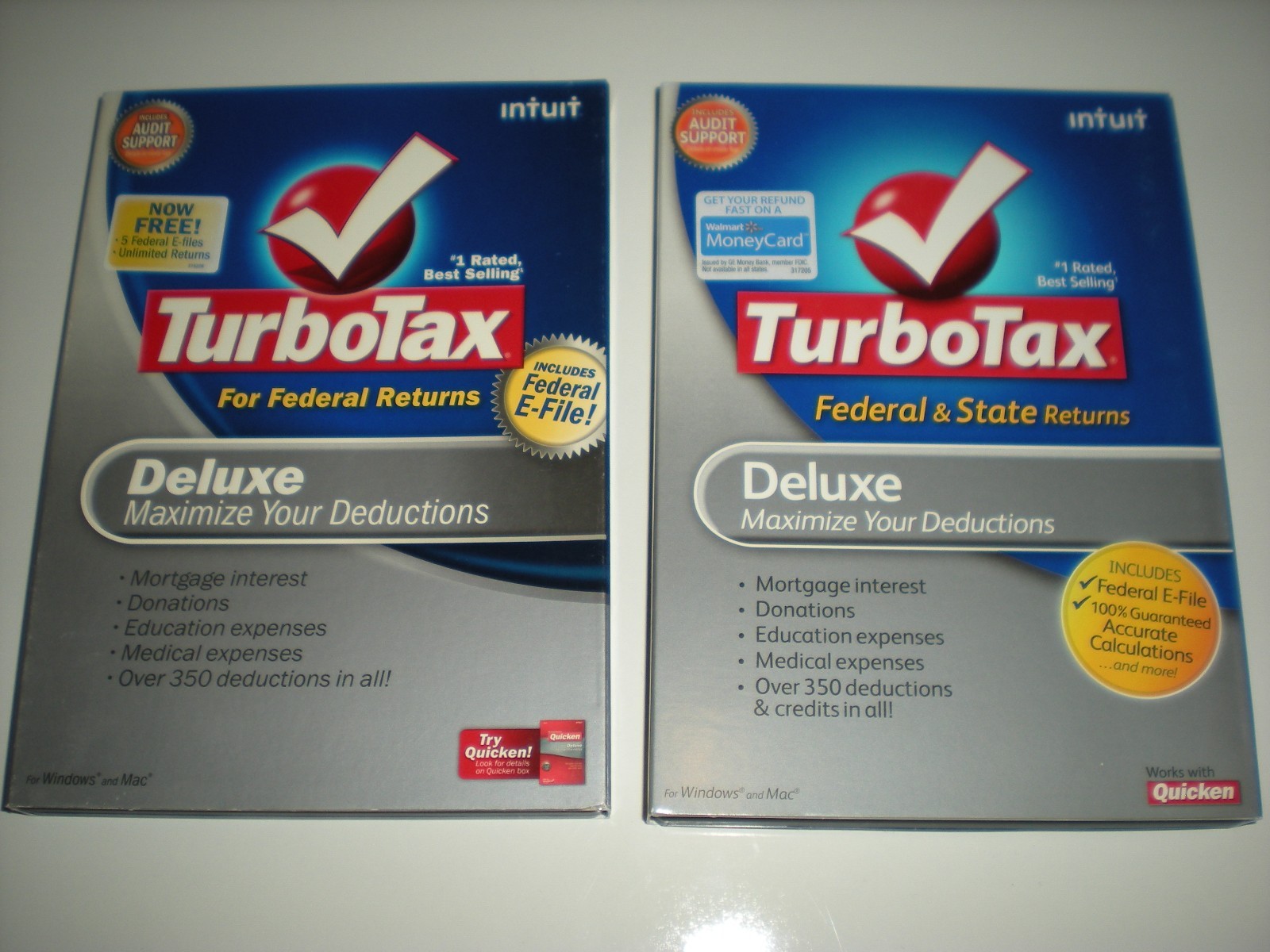 Turbotax 2008 Deluxe (Federal only) with 2009 Deluxe & State. Sealed new boxes.