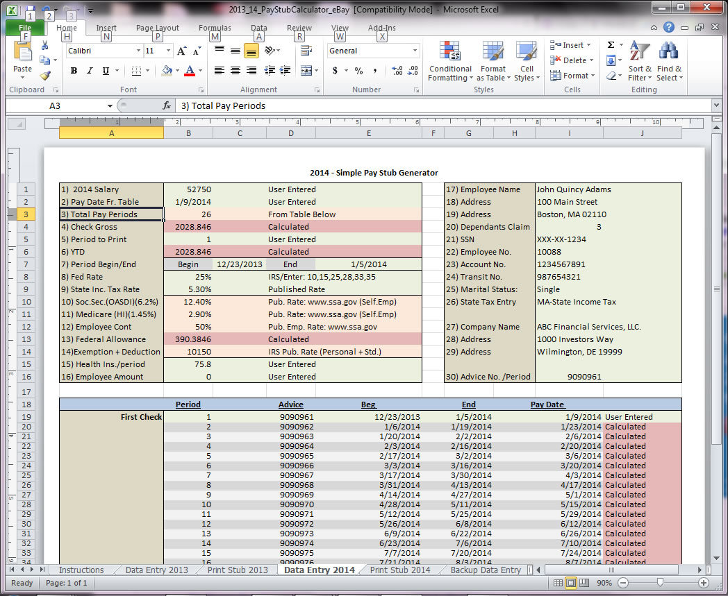 Excel Pay Stub Generator Calculator and Printer – Easy Custom Template