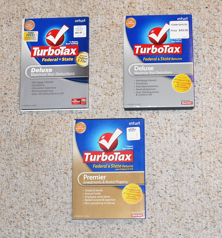 Lot 3 Intuit TurboTax , 2008 & 2009 Deluxe, 2010 Premier. Windows and Mac