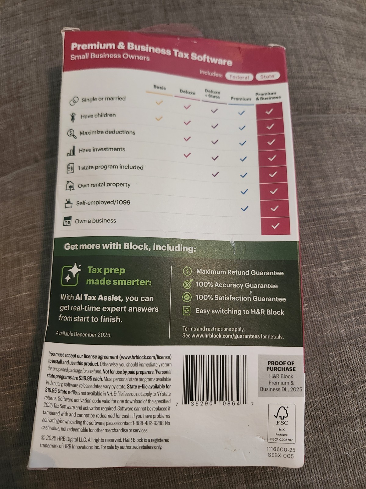 H&R Block 2025 Premium & Business Tax Software Small Business Owners *Open Box*
