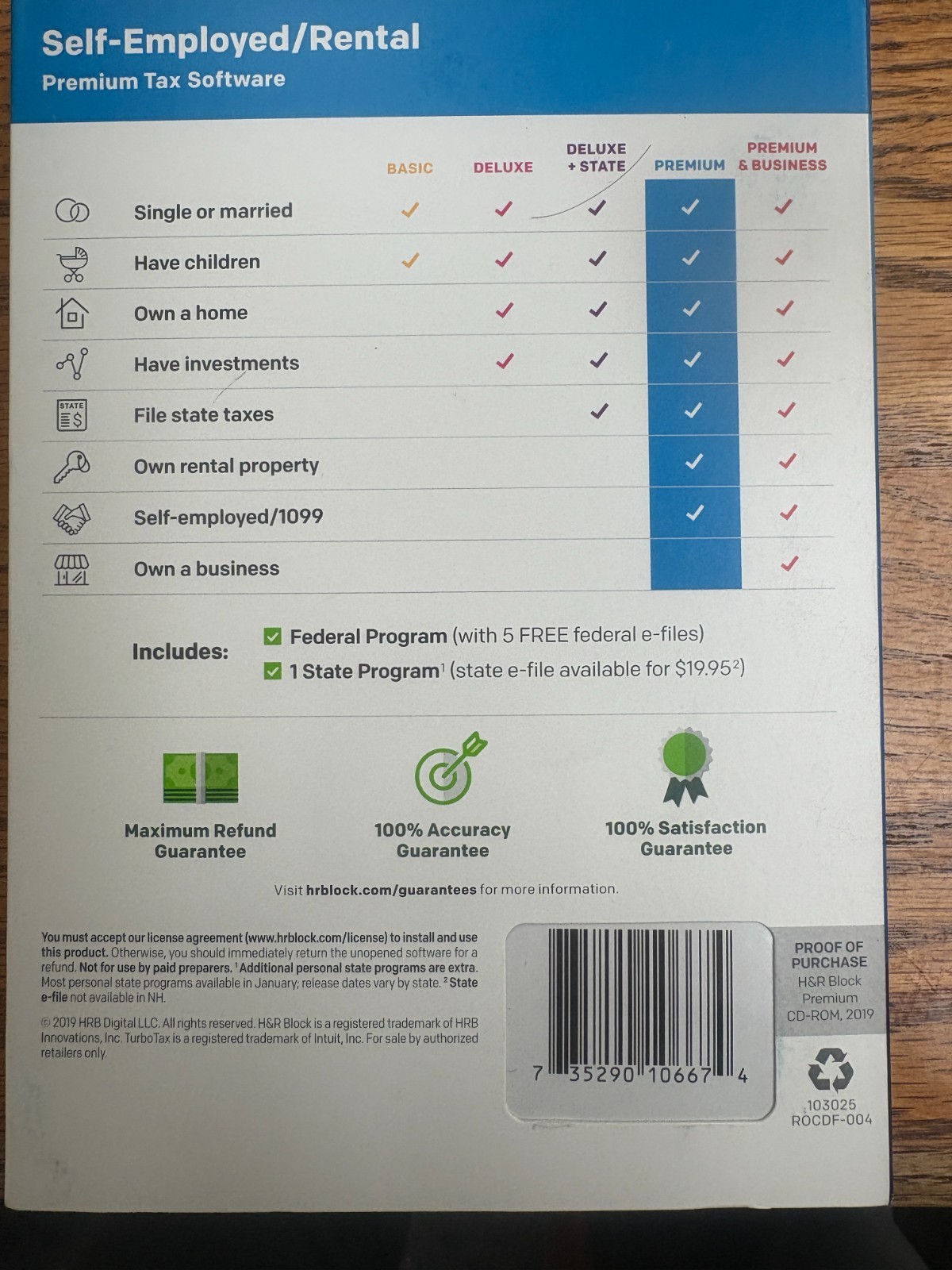 H&R Block PREMIUM 2019 Tax Software Self Employed / Rental Window / Mac turbotax