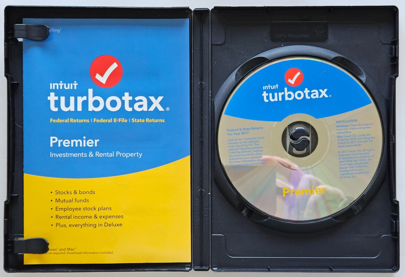 2017 TurboTax Premier Federal + State Investments & Rental Property Case and CD