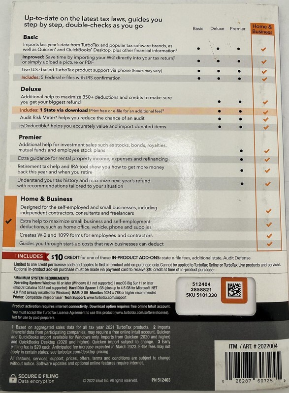INTUIT TURBOTAX HOME & BUSINESS 2022 512403 PHYSICAL CD TAX SOFTWARE