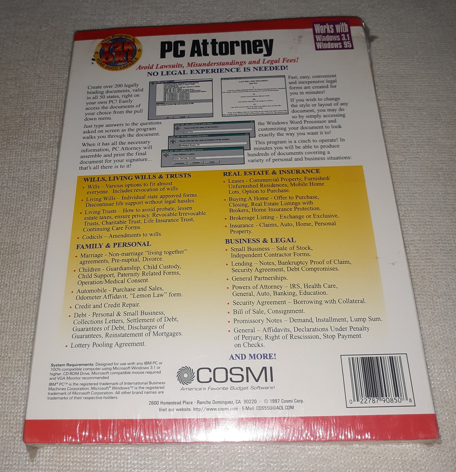 PC Attorney Legal Software Windows 95/3.1 Cosmi CD New Sealed – Vintage 1997