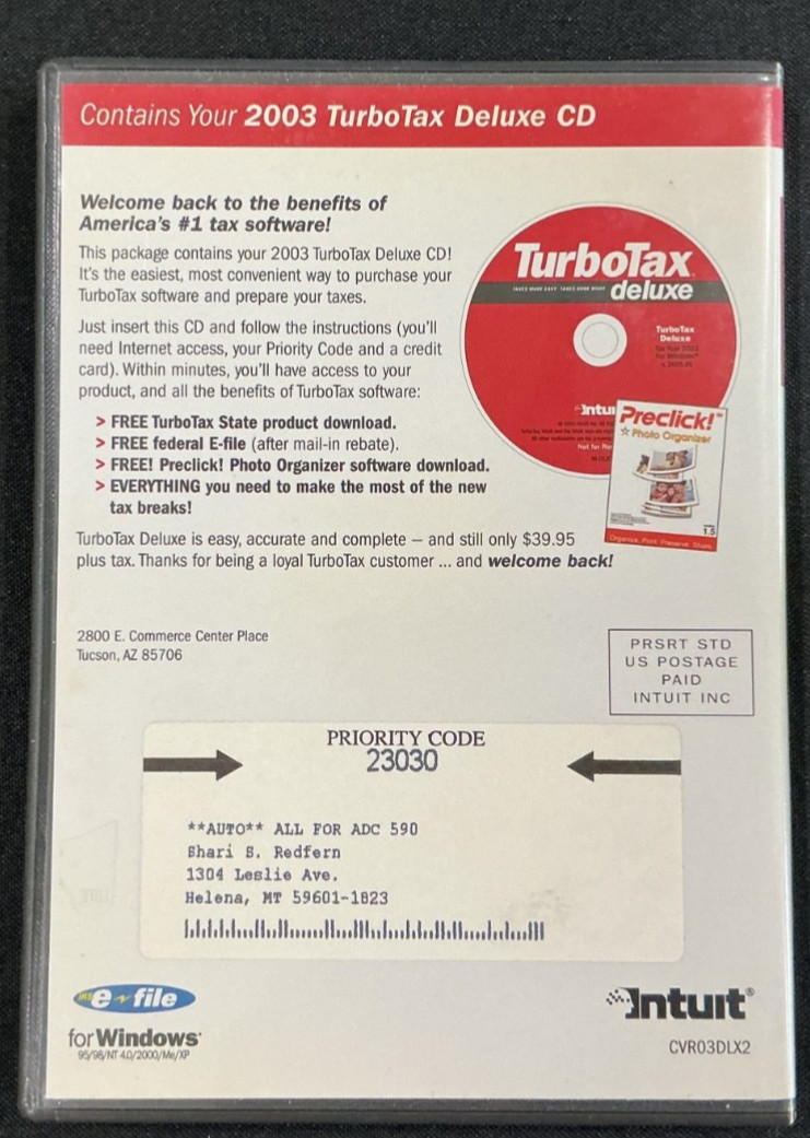 TurboTax Deluxe Software, 2003 Tax Year, Federal and State Tax CDs, Intuit