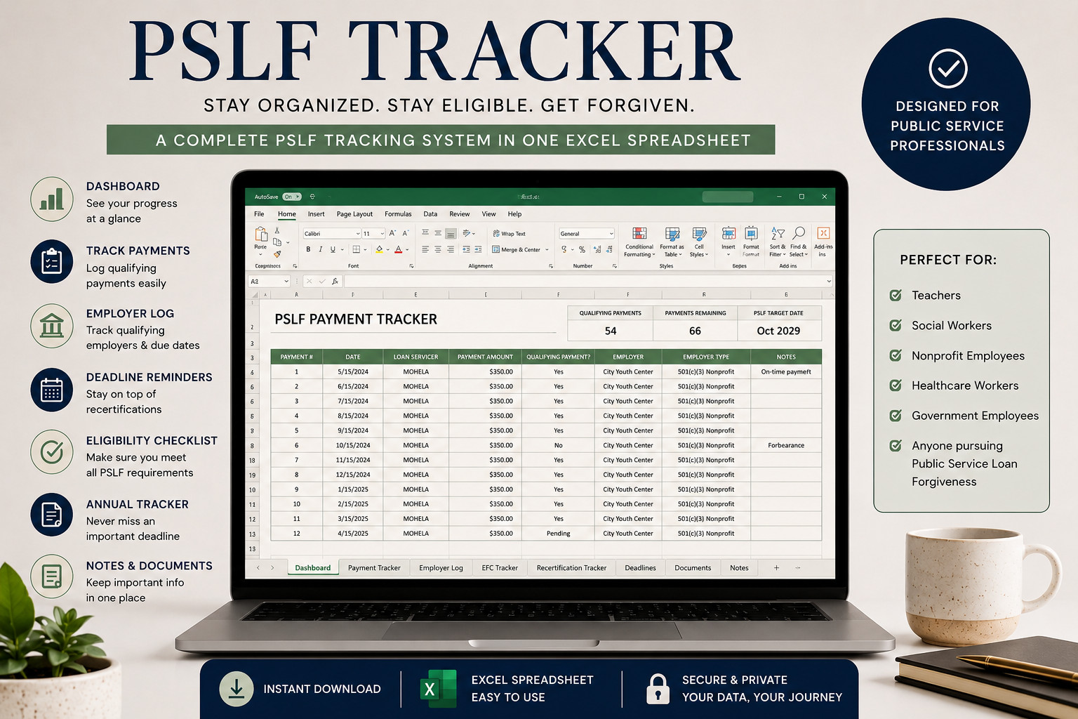 PSLF Tracker Spreadsheet Public Service Loan Forgiveness Excel Template