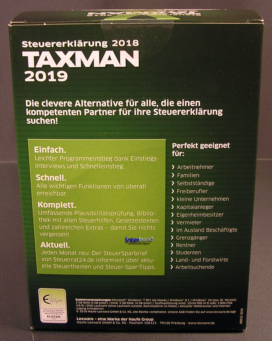 Lexware Taxman 2019 Vollversion Box + DVD Steuerjahr 2018 + Steuerhandbuch NEU
