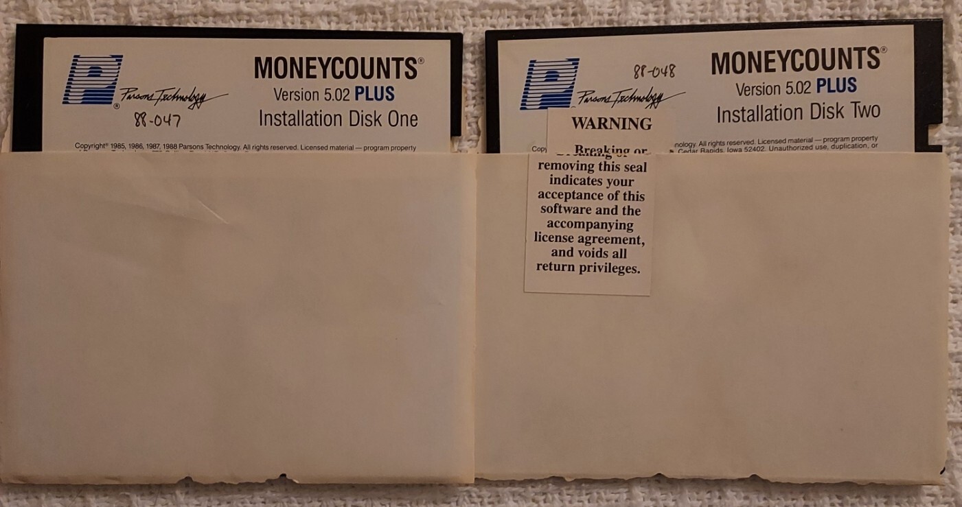 Vintage Parsons Technology MoneyCounts Software – Two 5.25″ Floppy Disks