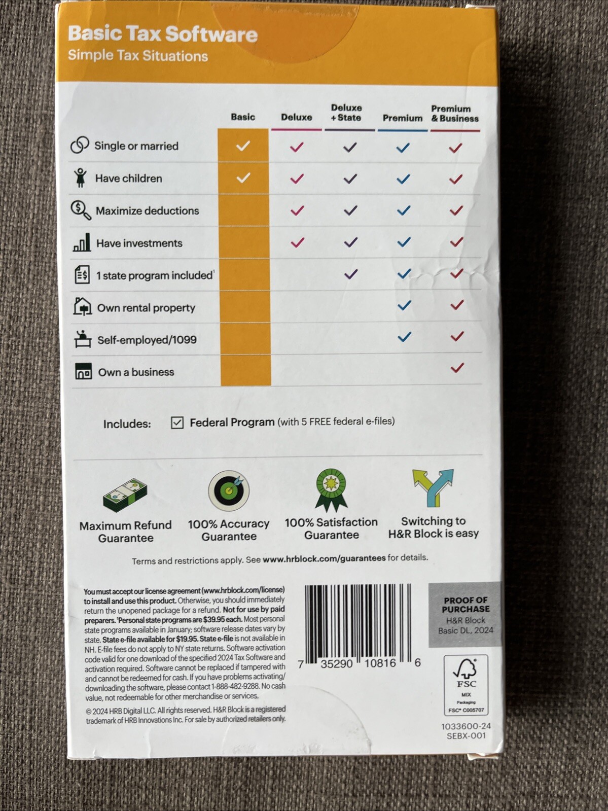 NEW H&R Block Tax Software BASIC 2024 WIN / MAC [Product Key Card]