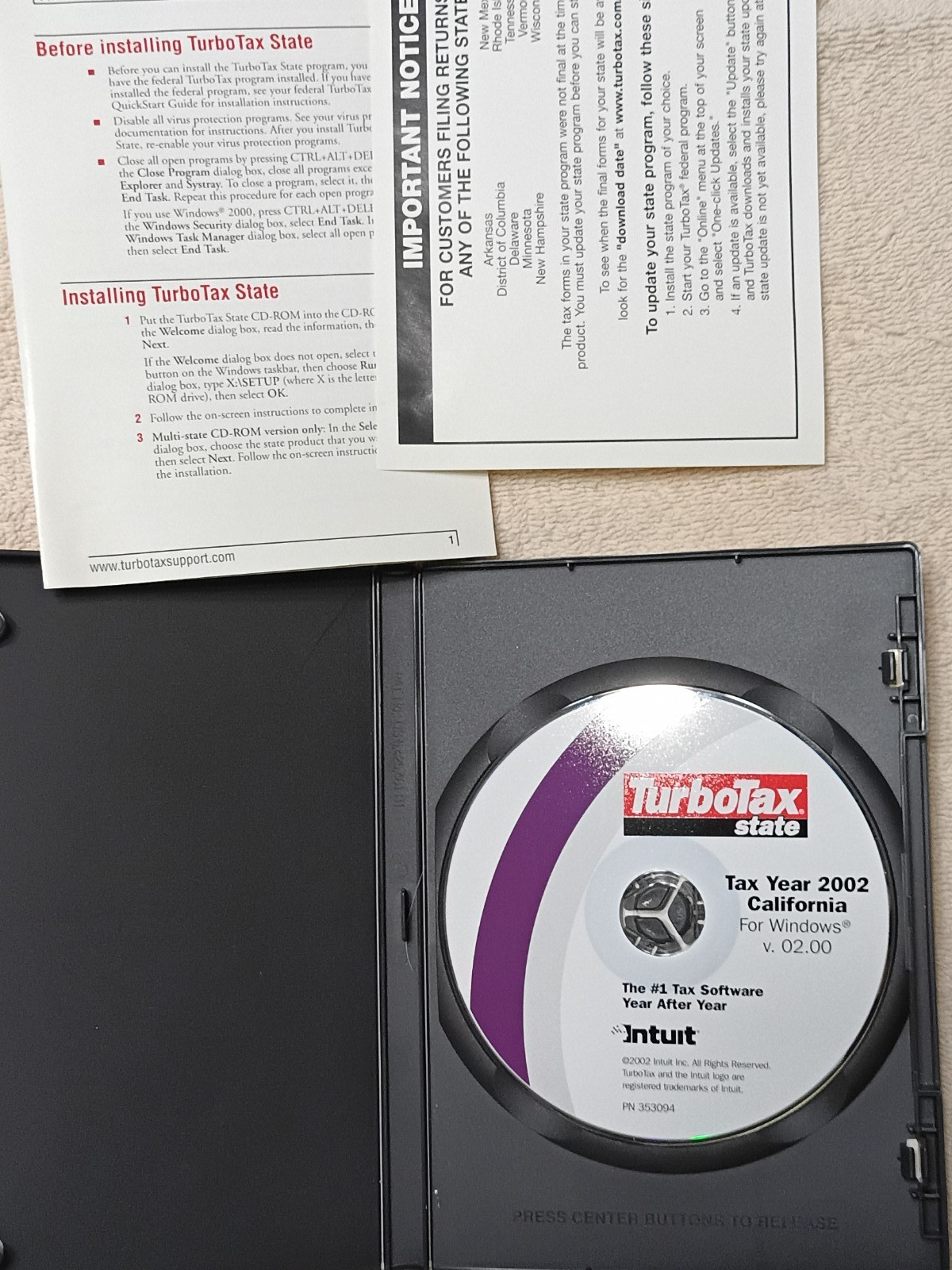 Intuit TurboTax California State Return – Tax Year 2002 – Fast Shipping