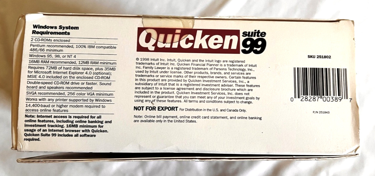 Quicken Suite 99 For Windows 95 / 98 / NT w/Family Lawyer & Financial Planner