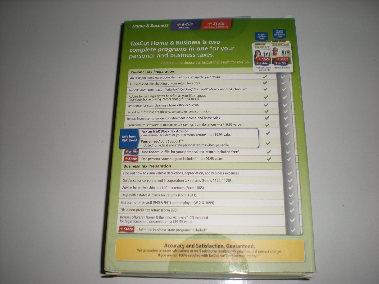 TaxCut 2008 Home and Business for personal and corporate. Imports Turbotax. New