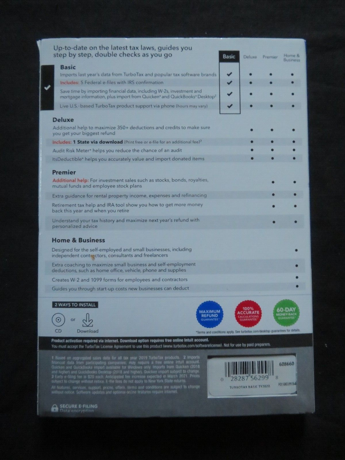 Genuine 2020 Intuit Turbotax Basic Federal Window & Mac