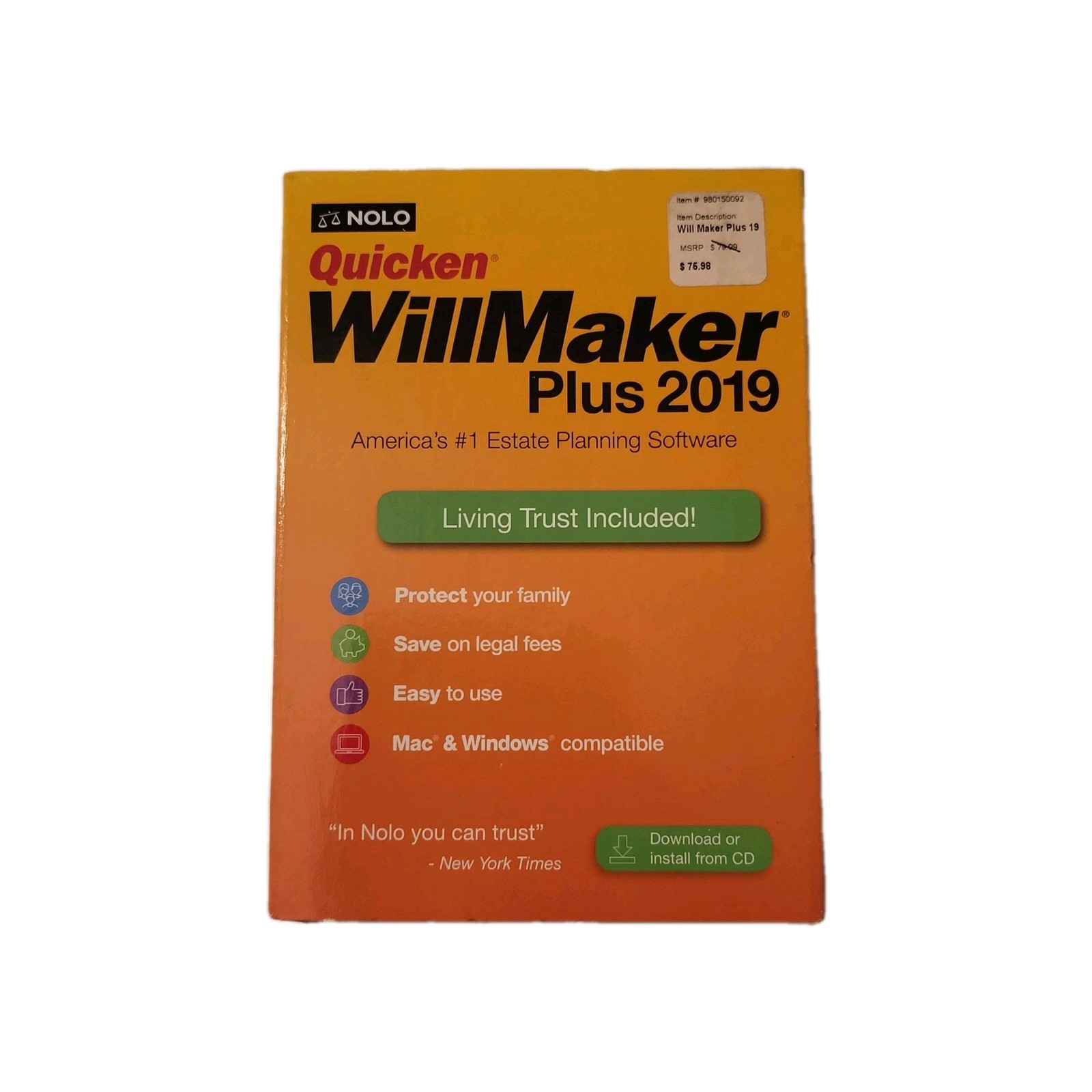 Quicken WillMaker Plus 2019, NOLO, for Mac & Windows / 10-A2 New