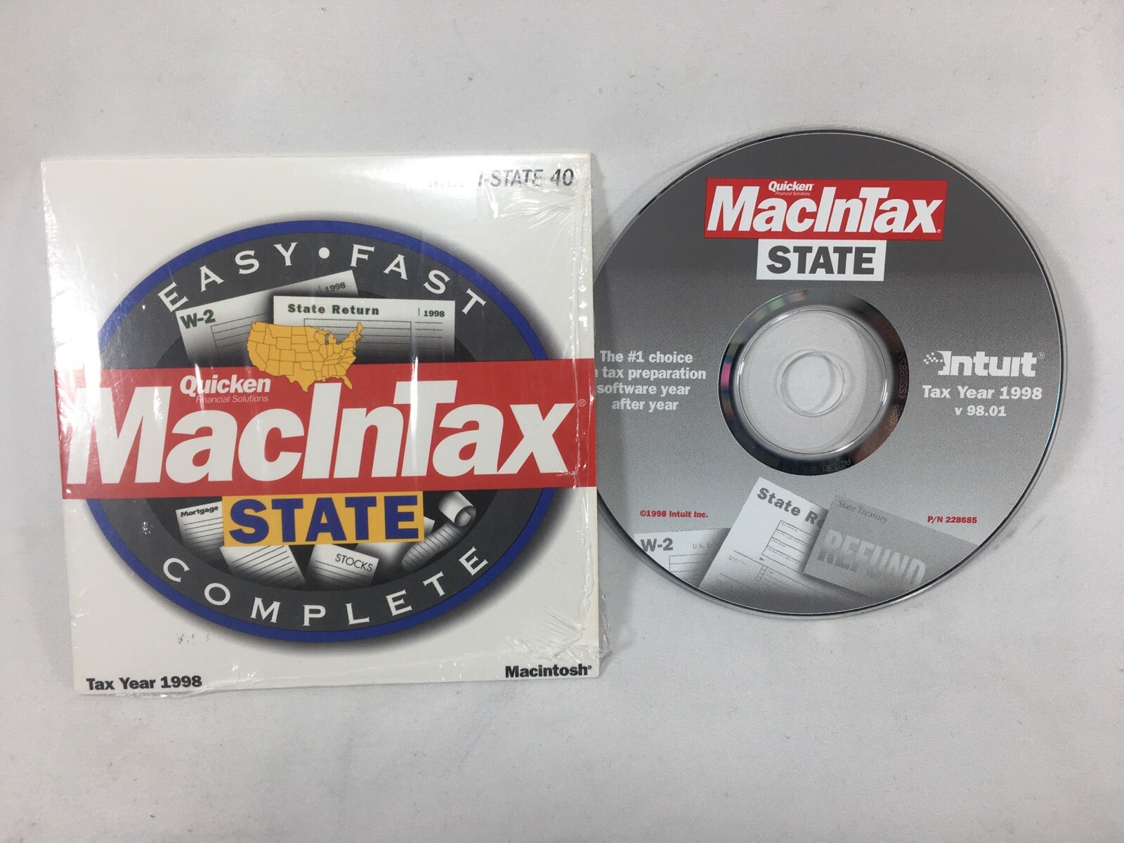 Used 1998 Quicken MacInTax State in orig sleeve. Complete Multi-State 40 CD disc