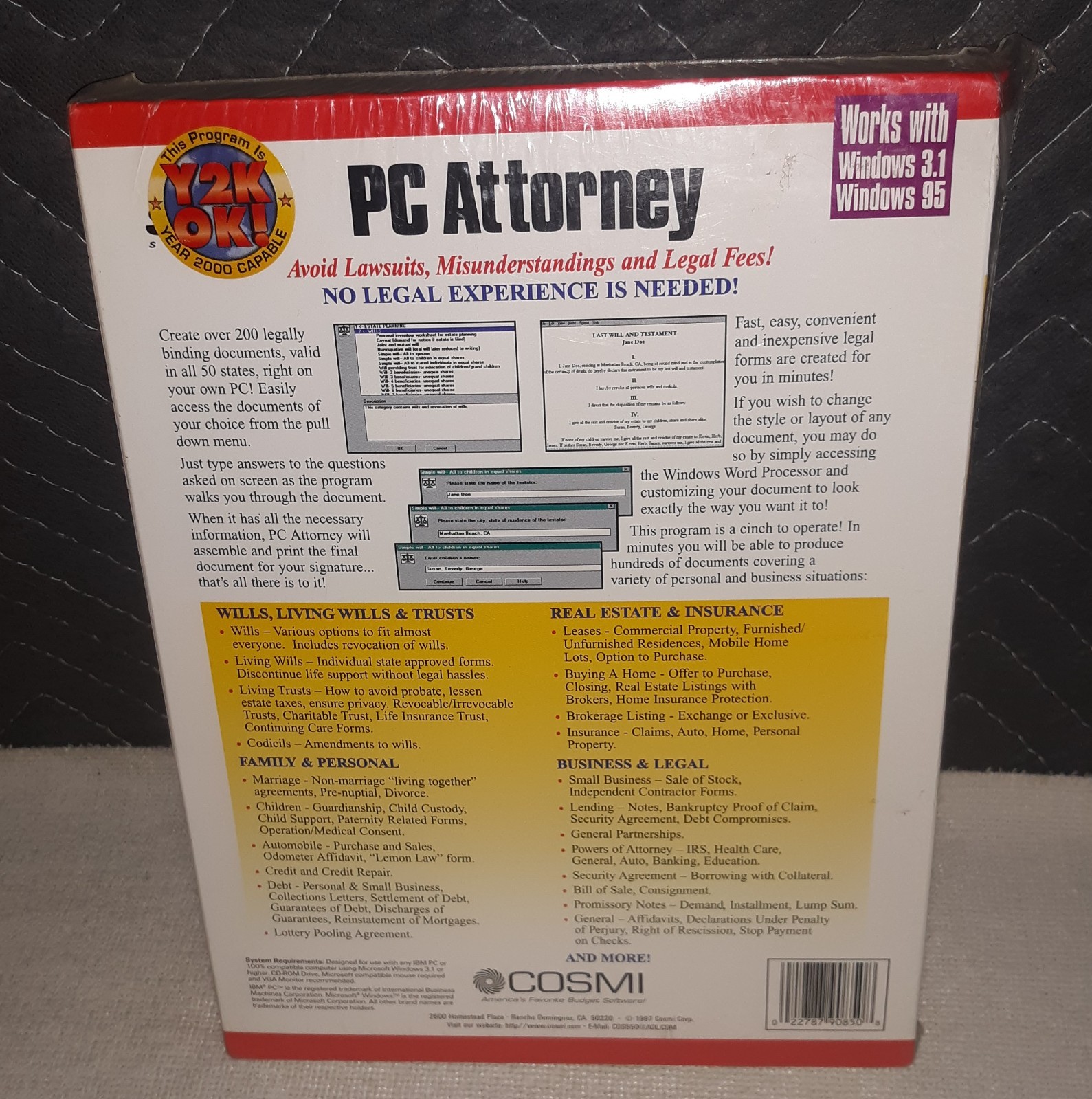 PC Attorney Legal Software Windows 95/3.1 Cosmi CD New Sealed – Vintage 1997