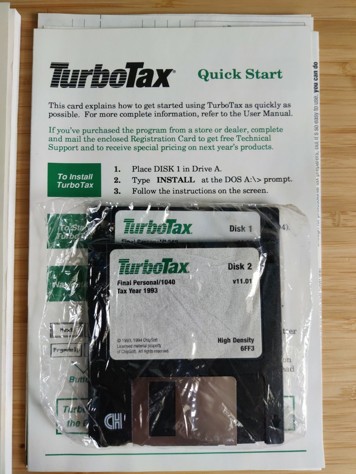 ChipSoft TurboTax for Tax Year 1993 w/ Manual – 2×3.5″ Floppy Disks – Never Used